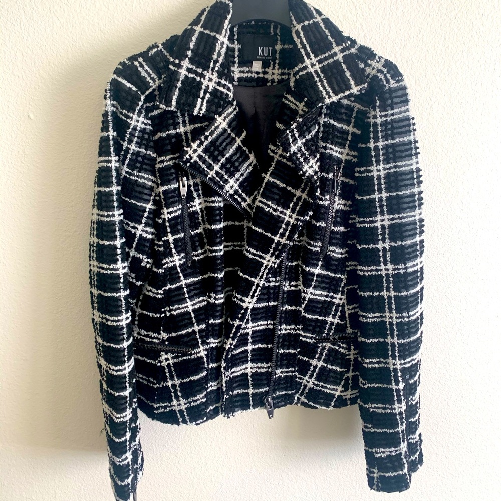 Eveline Textured Check Faux Leather Moto Jacket